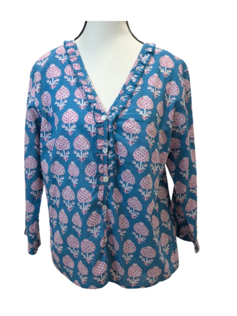 Pomegranate Block Print Boho Cottagecore Cotton Blouse Turquoise Pink Artisan To